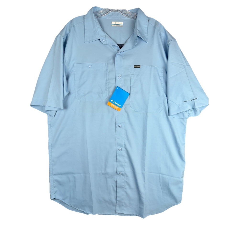 NWT Columbia Silver Ridge Utility Shirt Mens LT Blue Short Sleeve Snap Button UP